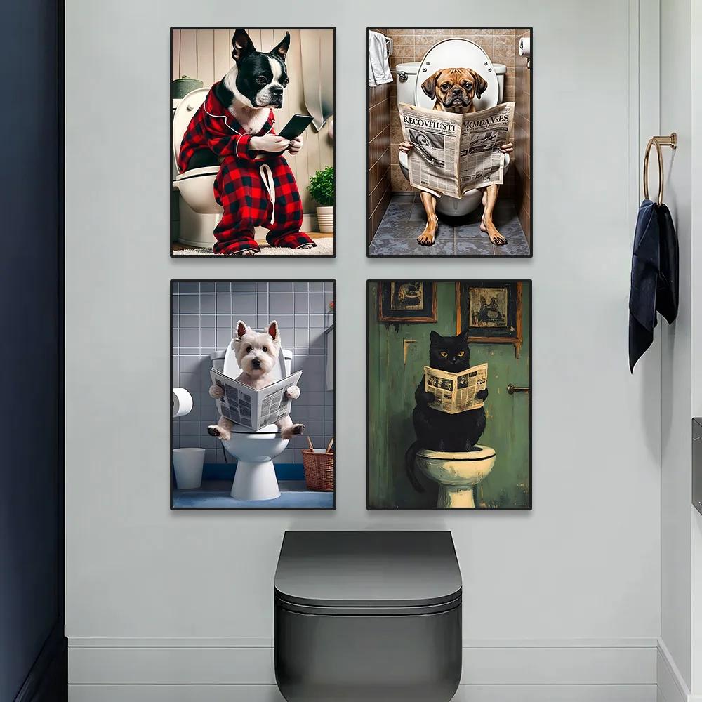 1 Stück rahmenloses lustiges Tier liest Zeitung auf der Toilette Poster Leinwandbild Affe Hund Schwarze Katze Badezimmer Wandkunst Heimdekoration
