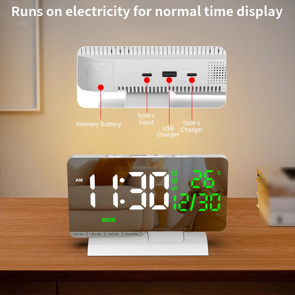 6.6 Large Display Digital Desk Clock, Dual Alarm Clock with Indoor TemperatureCelsiusDate, USBCelsiusType-C Charging Ports, 6- Dimmer, 5 Volume