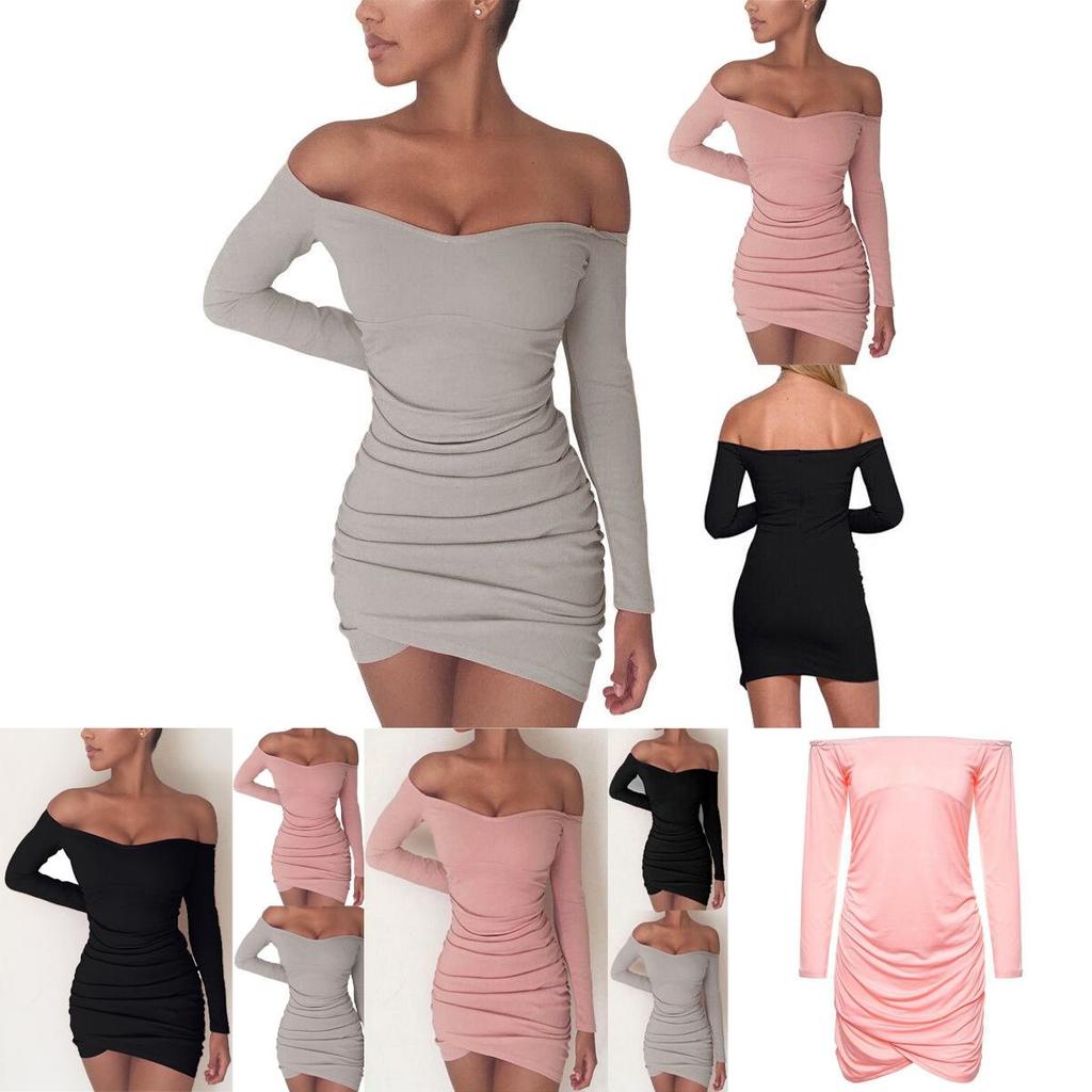 Elegante Dames Lange Mouwen Off Shoulder Avond Cocktailfeest Club Bodycon Mini Jurk Us