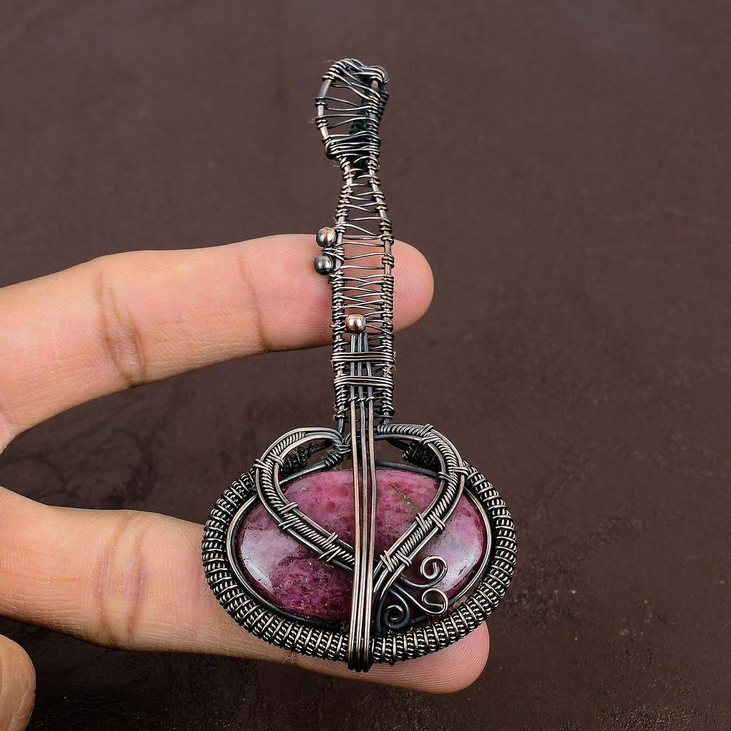 Rhodonite Handmade Copper Wire Wrap Guitar Pendant 3.1" l2l47