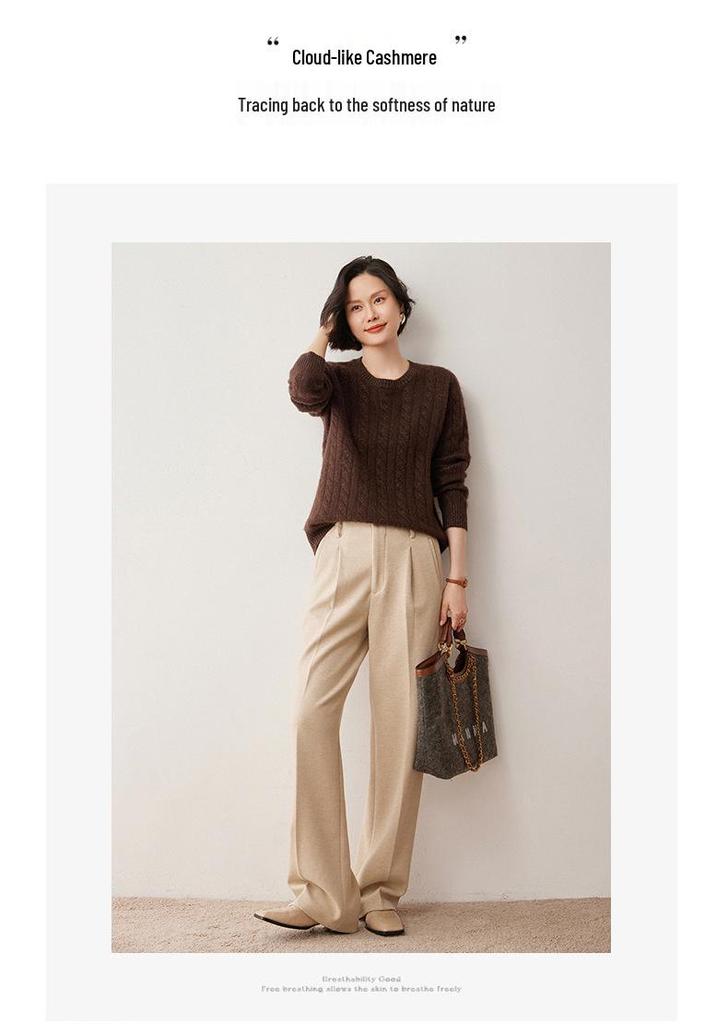 Women's 2024 Cashmere Cable Knit Crew Neck Sweater, Versatile Twisted Base Layer for Autumn/Winter