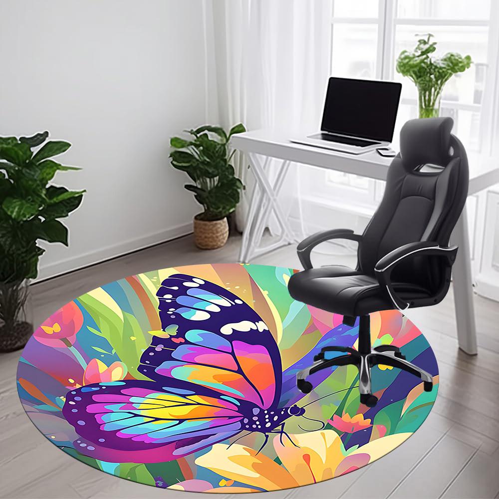 1PC Butterfly Garden Pattern Office Round Area Rug, Mat Suitable For Office, Under Office Chairs Bedroom Living Room Home Decor, Room Deco