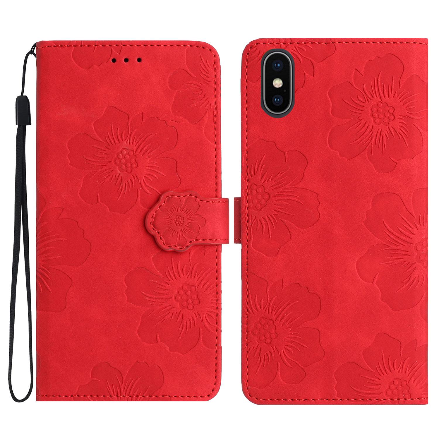 

For iPhone X/XS 5.8 inch Flowers Imprint Mobile Case PU Leather Wallet Anti-drop Stand Cover Red