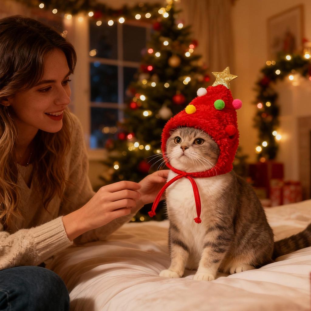 Weihnachts-Haustierhüte für Hunde, Festliches Weihnachtsbaum- & Design, Warme Plüsch-Haustierkopfbedeckung, Entzückende Feiertagskostüm-Accessoires für Kleine Mittlere