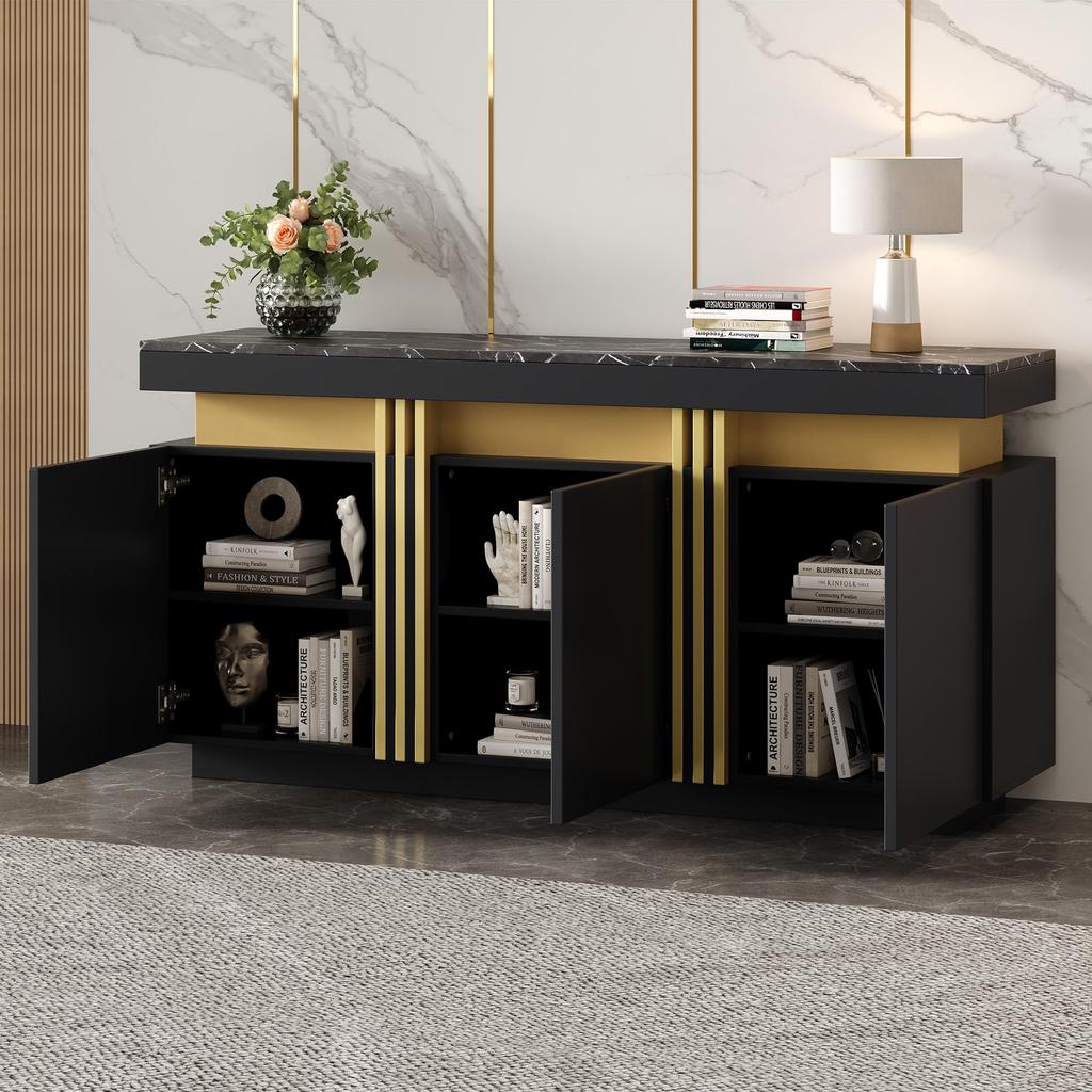 Sjenk, kjøkkenskap, 3 dører, moderne buffetbord arbeidsplate, justerbar hylle, stue, spisestue, gang, marmoroptikk, svart