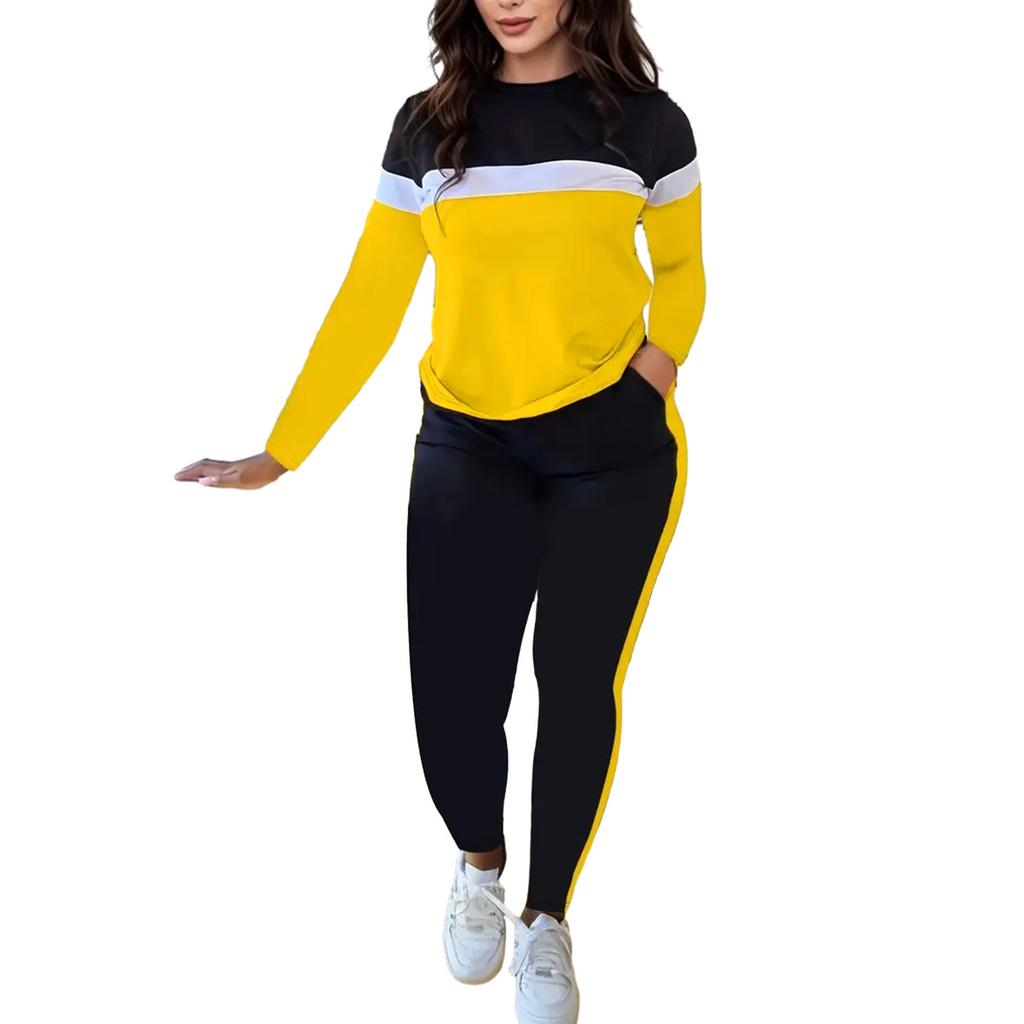 D9911 European and American hot-selling women's clothing, fashionable personalized striped splicing printing round neck long-sleeved trousers set