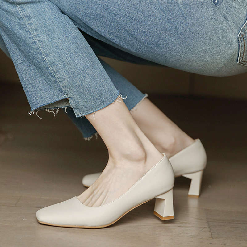 Square Head High Heels Women's Thick Heel Nude Commuter Style Professional Simple Soft Leather Shoes Medium Heel Single Shoes Women