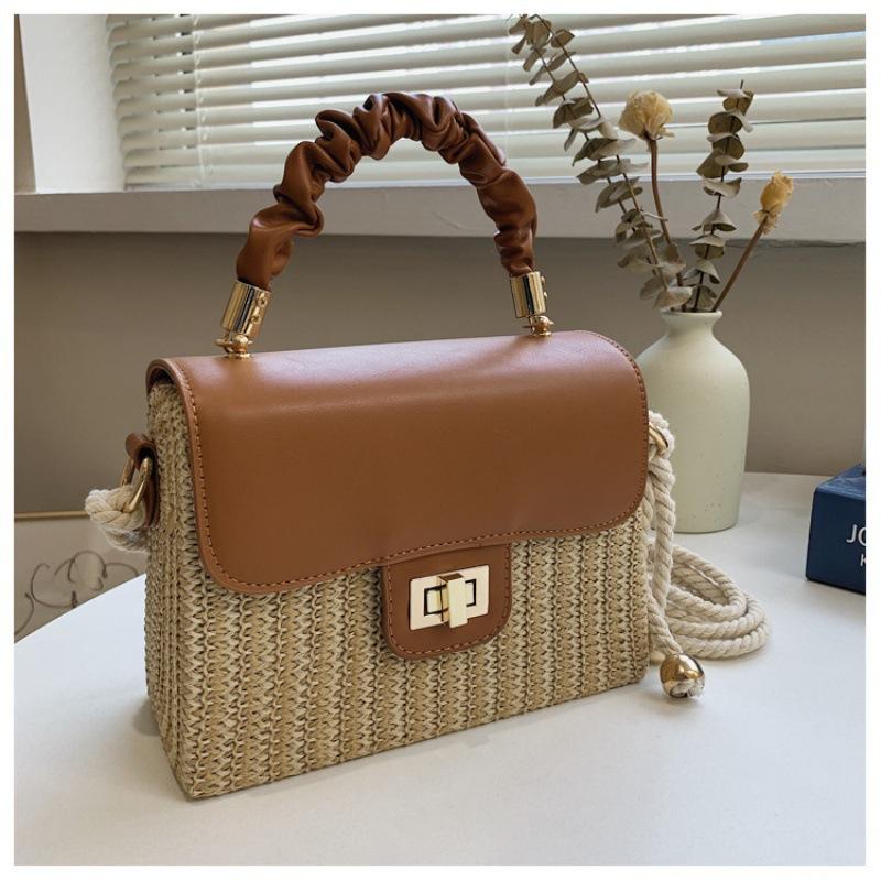 2025 autumn new commuter small square bag simple and generous shoulder bag hemp rope messenger bag straw pleated handbag