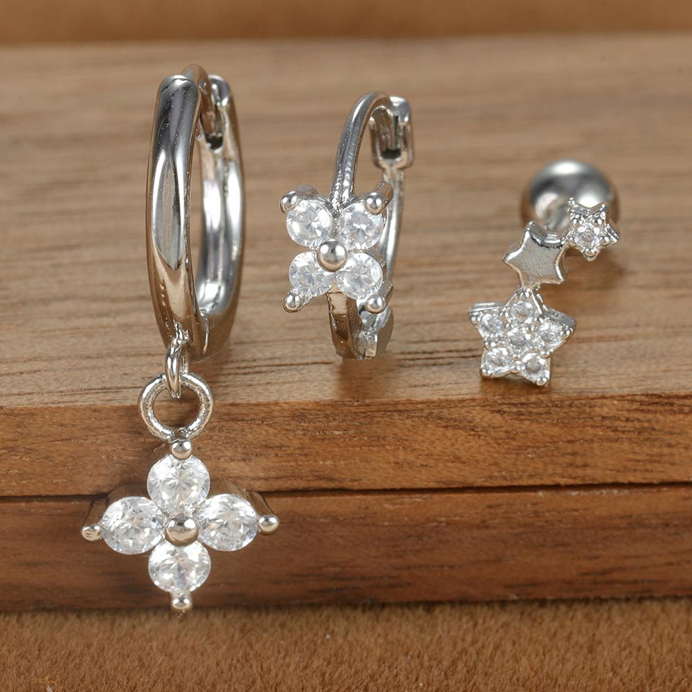 Ensemble de 3 Boucles d'Oreilles Anneau Couronne en Acier Inoxydable Couleur Argent pour Femmes Quatre Fleurs Zirconium Piercing Cartilage Boucle d'Oreille Bijoux Mode
