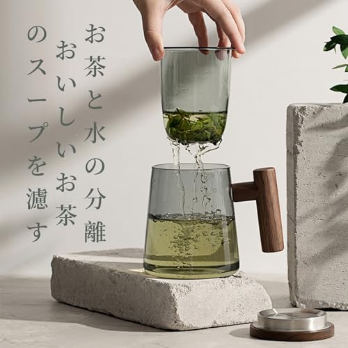 OULOVECO Dark Blue Glass Teapot, 430ml Full Capacity, Heat-Resistant, with Glass Strainer, Wooden Lid and Handle, Stylish and Easy to Clean, Perfect f