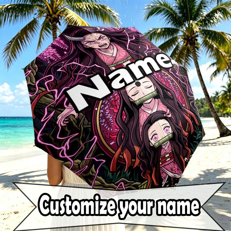 Custom Name Personalized Demon Slayer Anime Print Umbrella, Auto Open Close, 8‑Rib Sturdy Frame, Commute Camping Hiking Use, Birthday Gift
