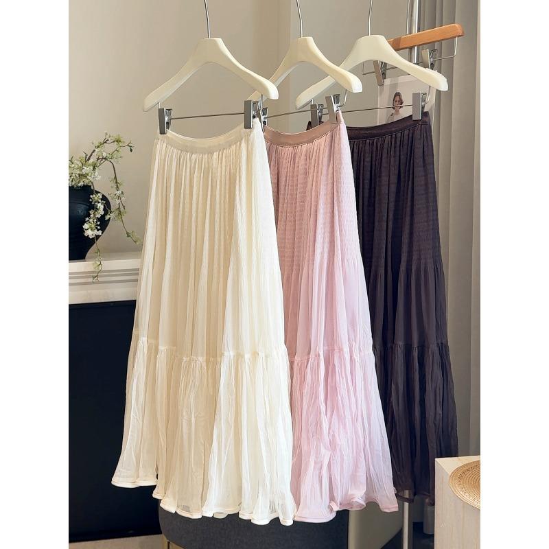 New high-end pleated mesh stitching A-shaped skirt women's autumn elastic waist solid color versatile medium and long fairy skirt