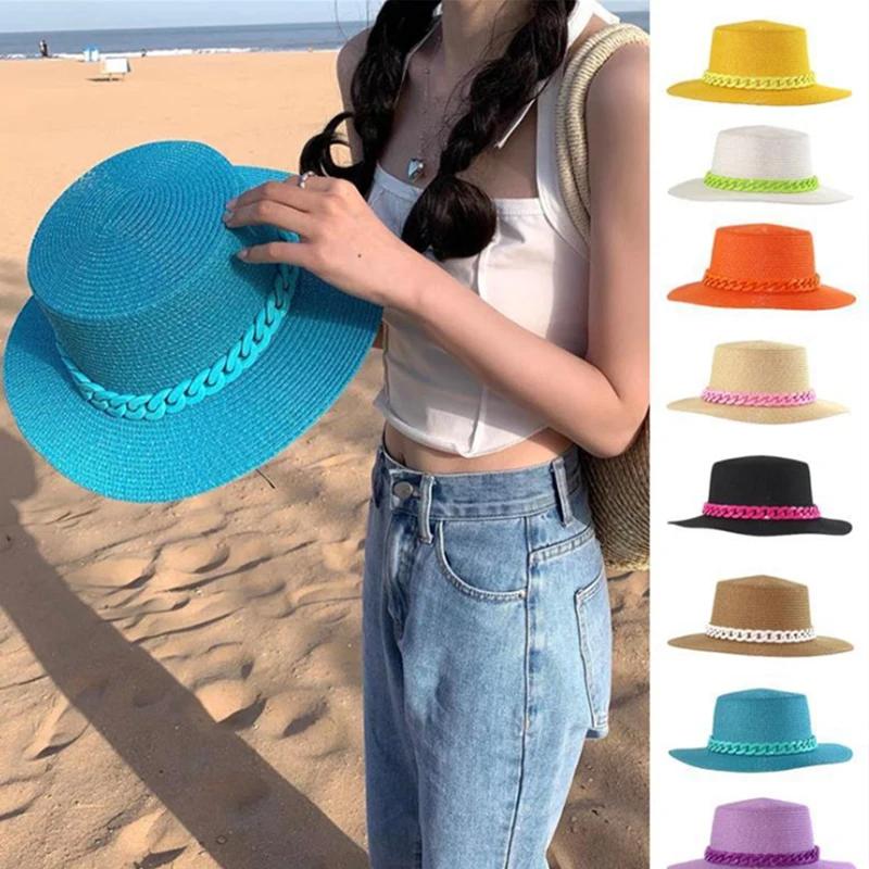 Nieuwe Kleur Ketting Platte Top Unisex Jazz Strooien Hoed Buiten Vrouwen Zeevakantie Zon Strand Hoeden Mode Zomer Panama Emmer Hoed