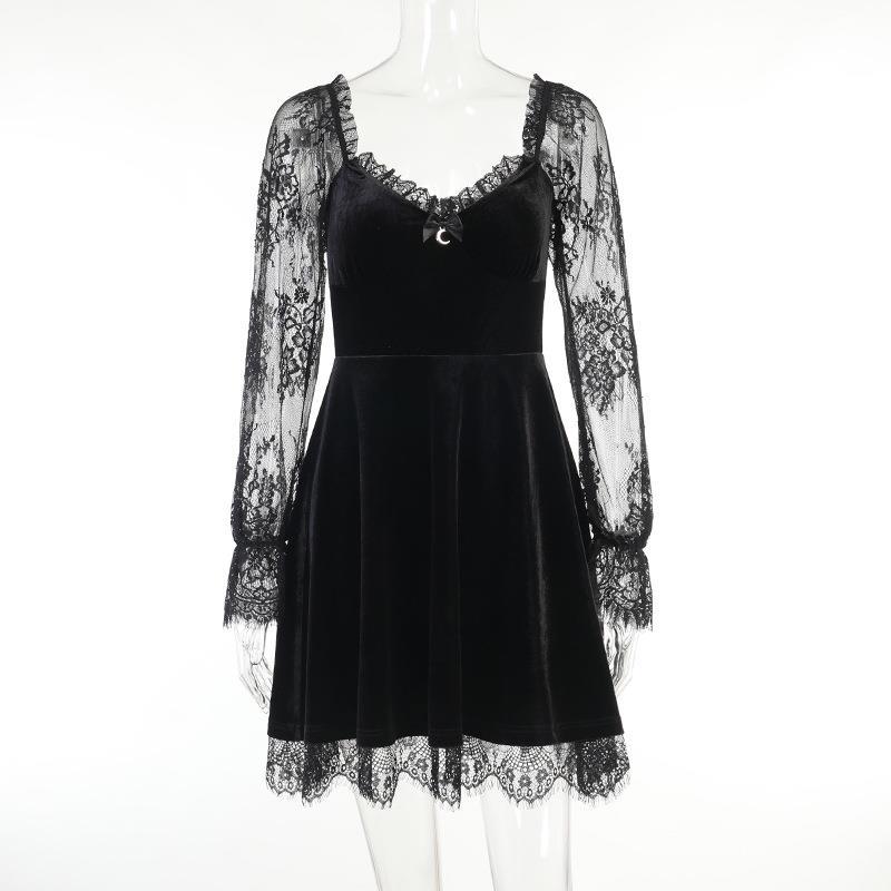 Gotisches Langarmkleid Vintage-Kleider Damen Spitze Patchwork Grunge Schwarzes Kleid