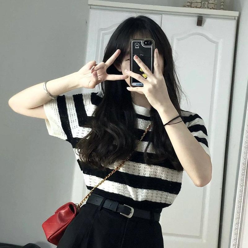 Striped Knitted Sweater Short-sleeved T-shirt Women's Summer New Korean Version Unique Chic Student Top Short Ins Tide