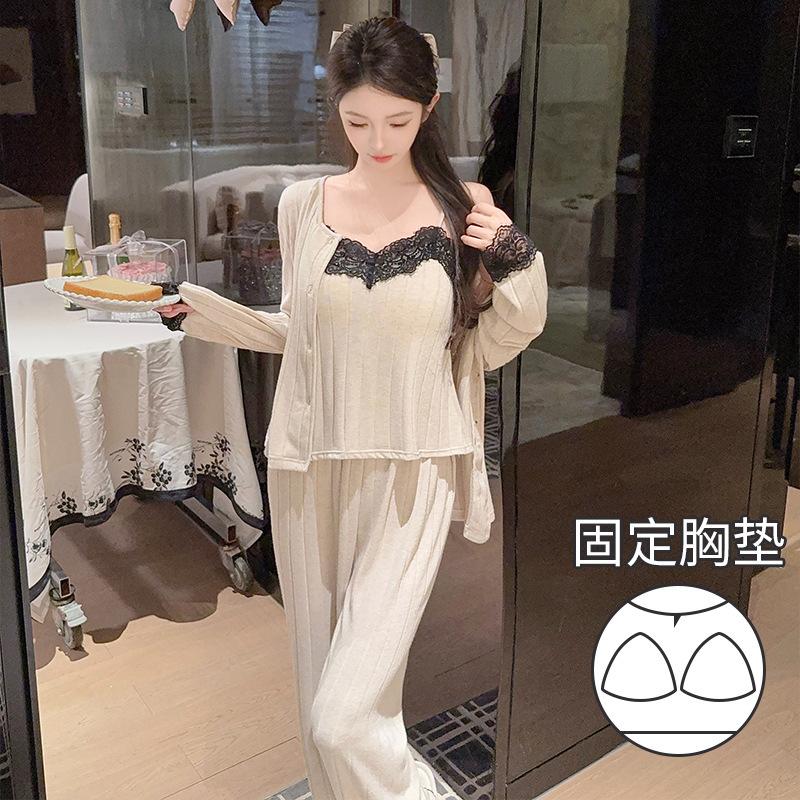 Autumn new pajamas women s pure desire wind suspender cashmere three-piece set of high-end loungewear in stock M