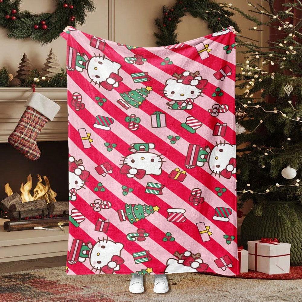

1pc Hello Kitty Stripe Flannel Blanket 2D Print Soft Warm Throw Blanket for Bedroom Living Room Camping Festive Home Decor Cute 75cmx90cm