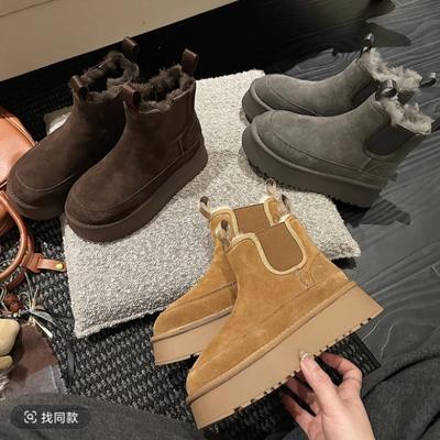 Bottes de neige fashion en cuir 2025 hiver nouvelle casual polyvalente semelle épaisse velours chaud bottes de neige femme
