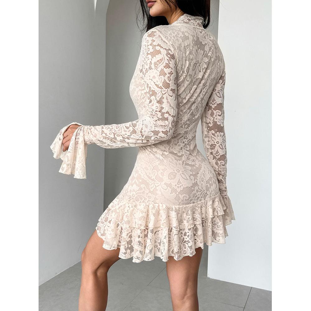 Dámské Y2k květinové krajkové mini šaty Sexy hluboký výstřih do V Dlouhý rukáv Volánový lem Vrstvené mini šaty