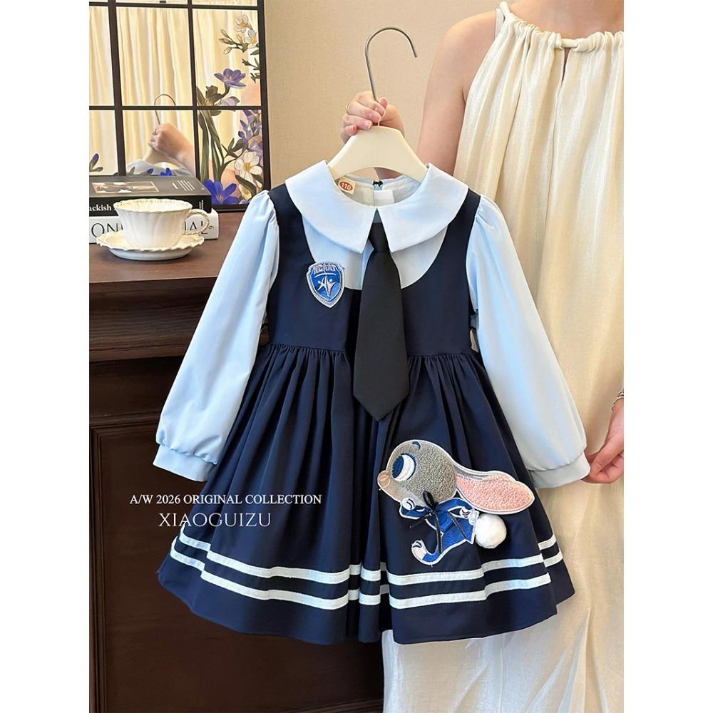 Judy Girls' Dress Spring Autumn Long Sleeves Lapel Cartoon Dresses Children's Casual Rabbit Officer Princess Dress