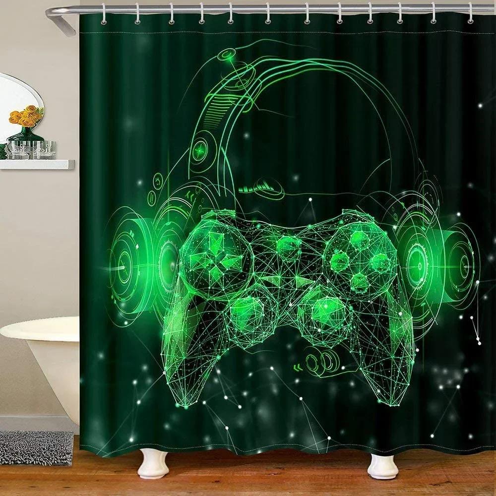 Modern Gamer Shower Curtain Video Game Controller Bath Curtain Room Decor Bright Colorful Geometry Waterproof Bathroom Curtains