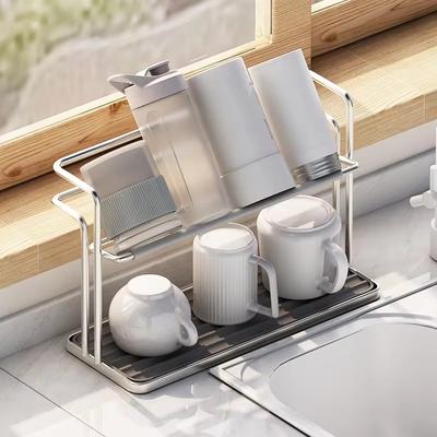Double-layer Bottle Cup Holder Water Cup Hanging Drying Rack Upside Down Teacup Storage Rack With Tray Kitchen Organizer