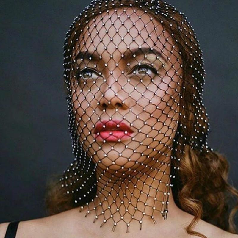 European and American  Electric Syllable Women's Clothing Popular Mesh Diamond Headscarf Mask