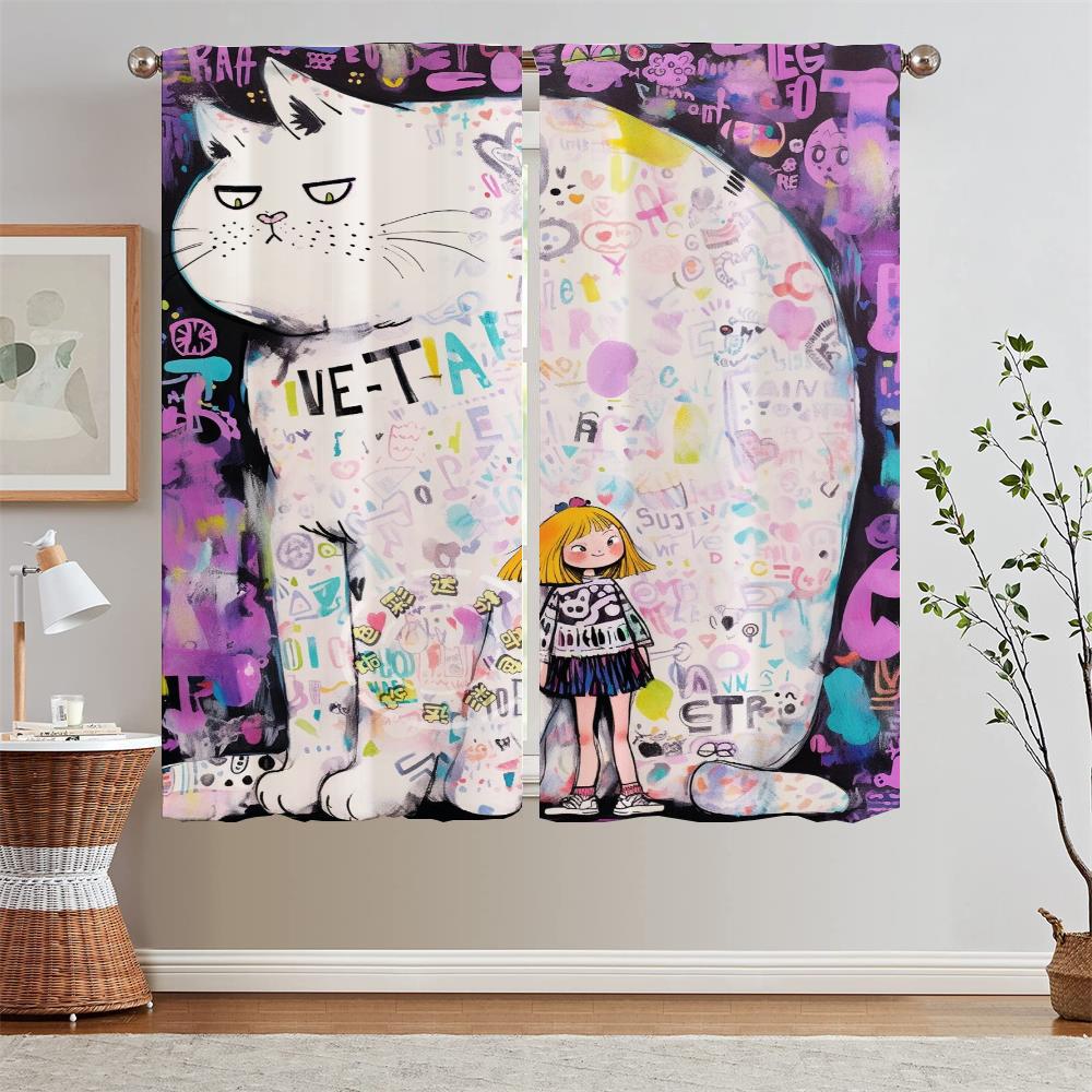 Big Cat and Girl Blackout Curtain for Living Room Decoration Tulle In Kitchen Curtains 2 Pieces Window Black Out Curtains Blinds