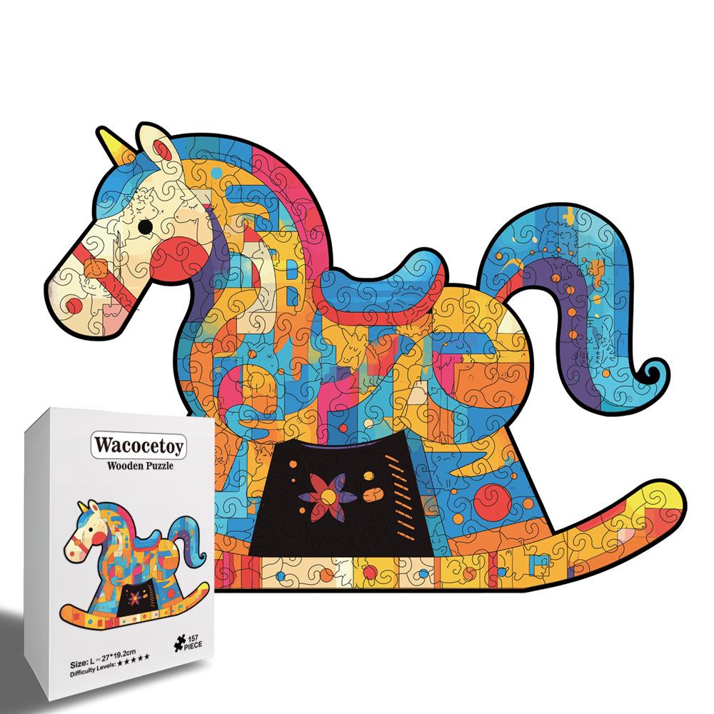 Wacocetoy High-Difficulty Adult Decompression Wooden Rocking Horse Puzzle with Irregular Shapes
