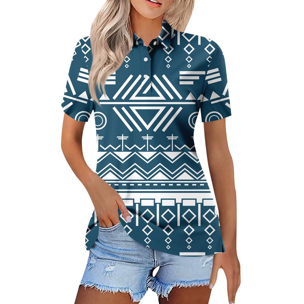 Women's Fashion Casual Button Short Sleeve Printed Lapel Top