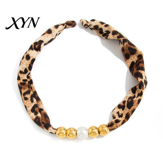 Fabric Necklace with Metallic Beads Leopard Print Scarf Choker, Faux Pearl Beads, Soft Adjustable Velvet Choker Fashion Jewelry for Women Daily