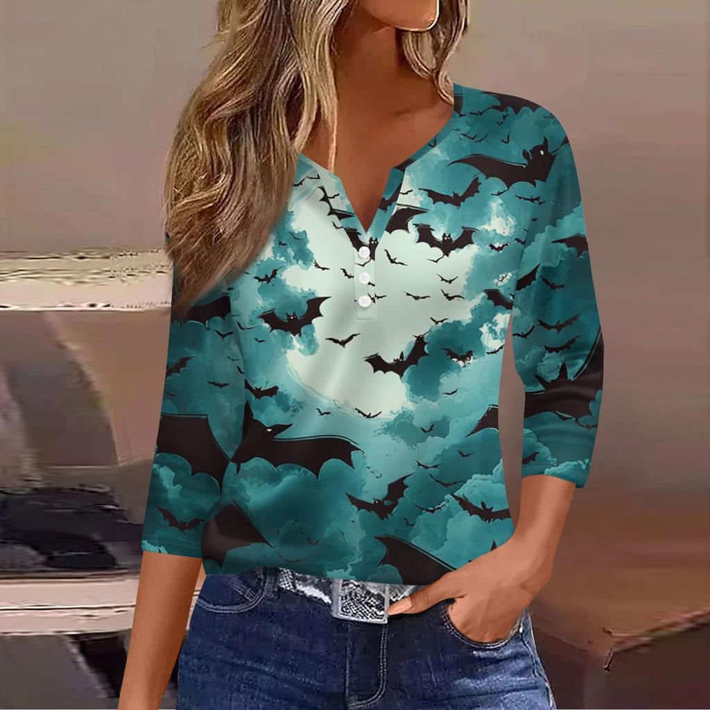 Women's Casual Fashion V-neck Loose Versatile Halloween Print Three-quarter Sleeve Top