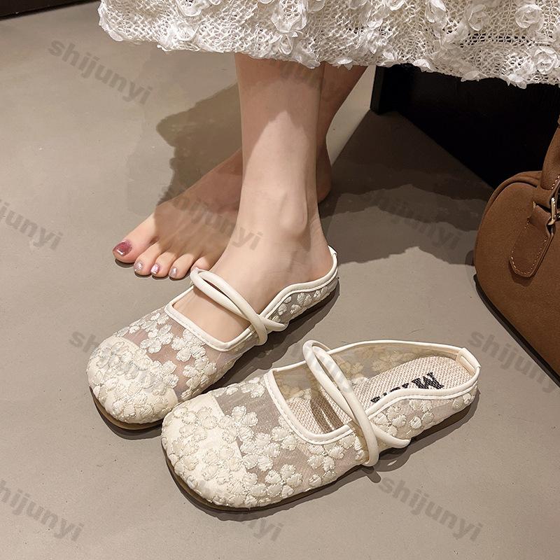 Women Shoes 2025 Summer New Breathable Mesh Non Slip Half Drag Shoes Outdoor Rhinestone Hollow Mary Jane Flat Sandals