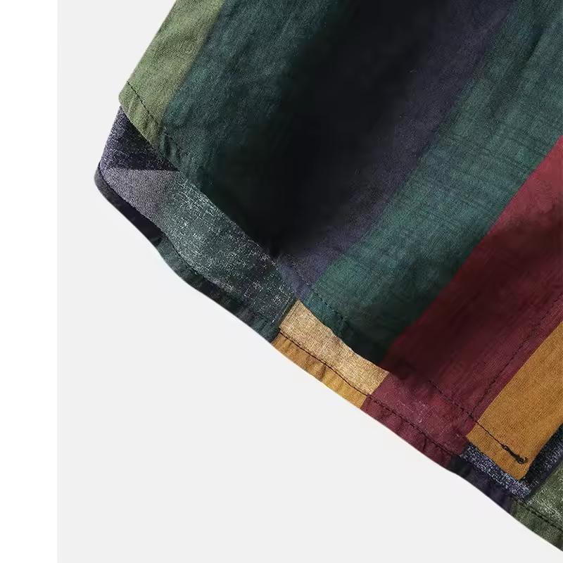Spring Autumn Men's Streetwear Colorful Vertical Stripes Loose Long Sleeve Shirt Leisure Retro Button-down Cotton Pockets Tops