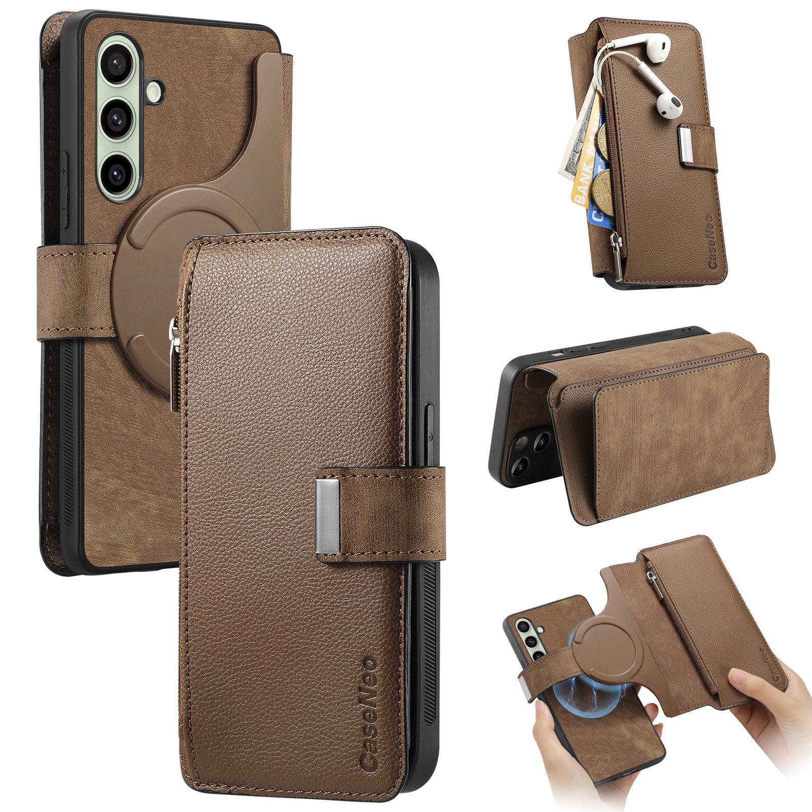 

For Samsung Galaxy S24 FE Case CASENEO MW-02 Detachable Magnetic Leather Flip Phone Cover Brown