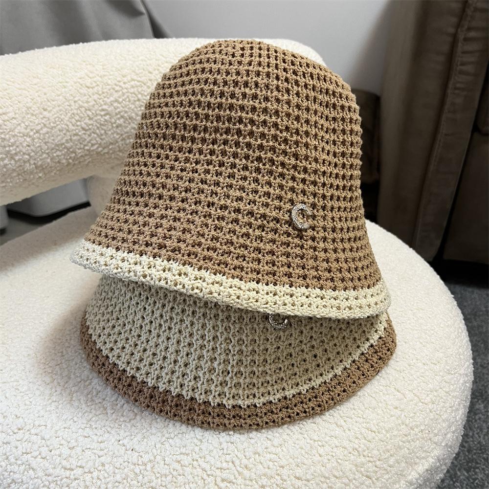 

Basin hat female color matching woven fisherman hat breathable sunshade fashionable versatile face covering small face foldable bucket hat Adult (55-58cm) чорний