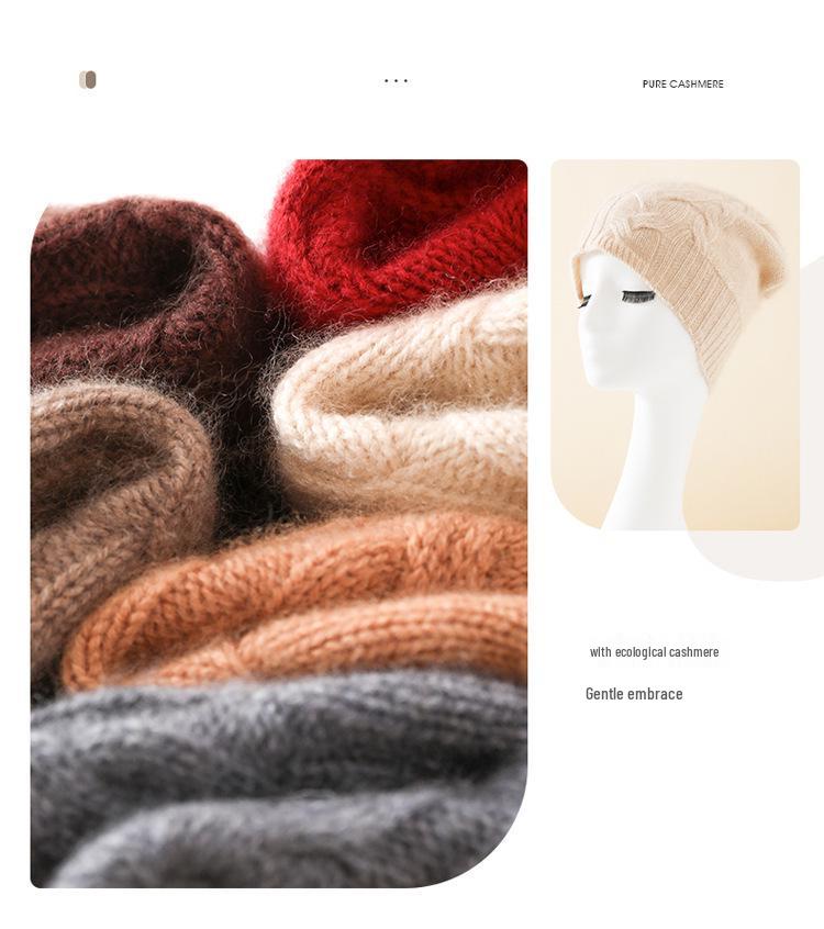 Cashmere 2025 Autumn/Winter Women's High-End Cable Knit Thick Warm Fashion Hat
