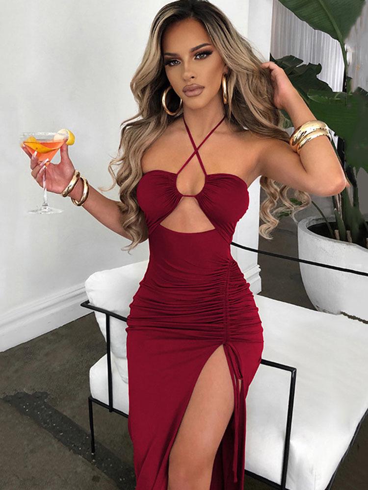 Spring Sexy High Slit Halter Neck Dress - European & American Style