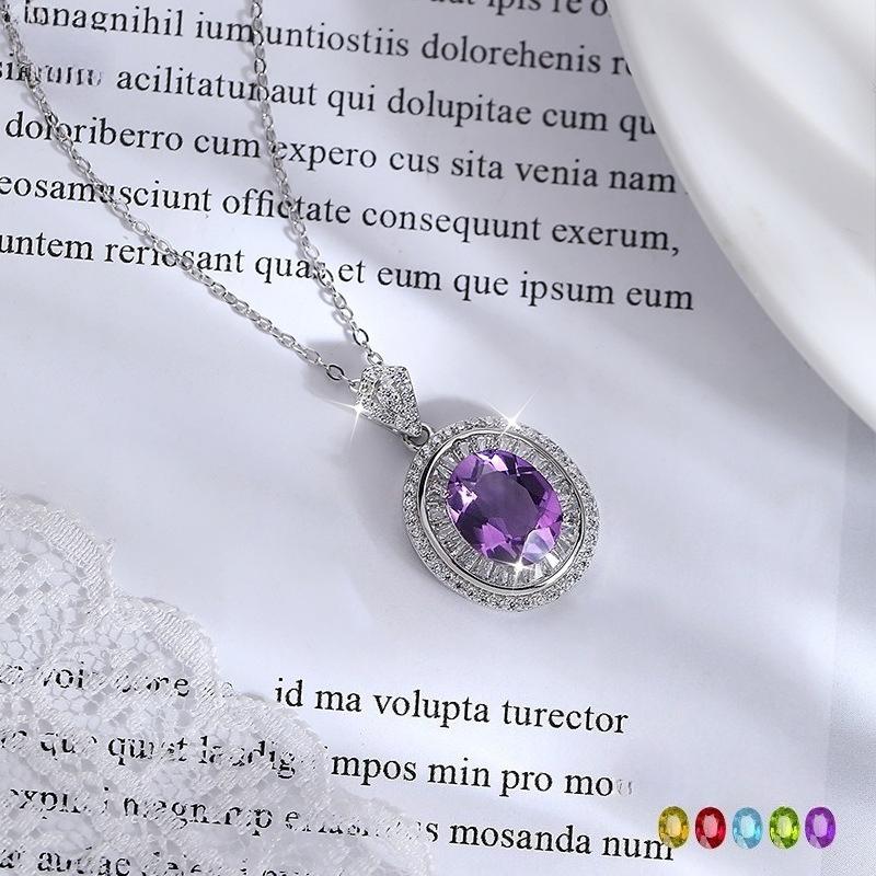 New Sterling Silver Oval Necklace Natural Crystal Stone Pendant Necklace Women's Niche Premium Light Luxury Versatile Clavicle Chain Daily Gifts