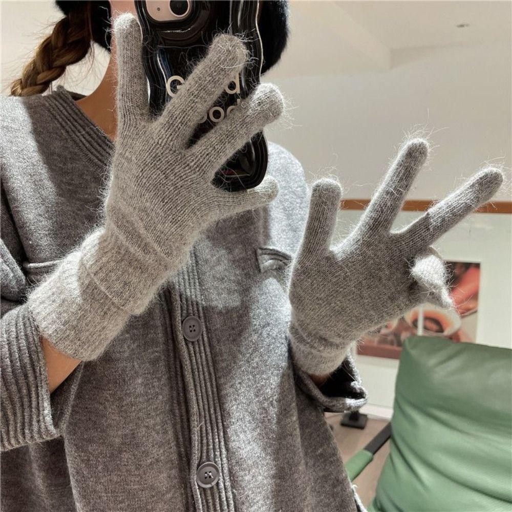 Thickened Thermal Knitted Gloves Rabbit Fur Split Finger Long Gloves Autumn Winter Warm Gloves