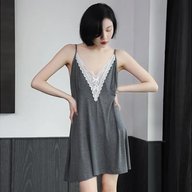Skirt Nightgown for Woman Pajamas Sleeveless Sexy Camisole Loose Halter V-neck Dress Casual Printed Soft Long Lace Dresses