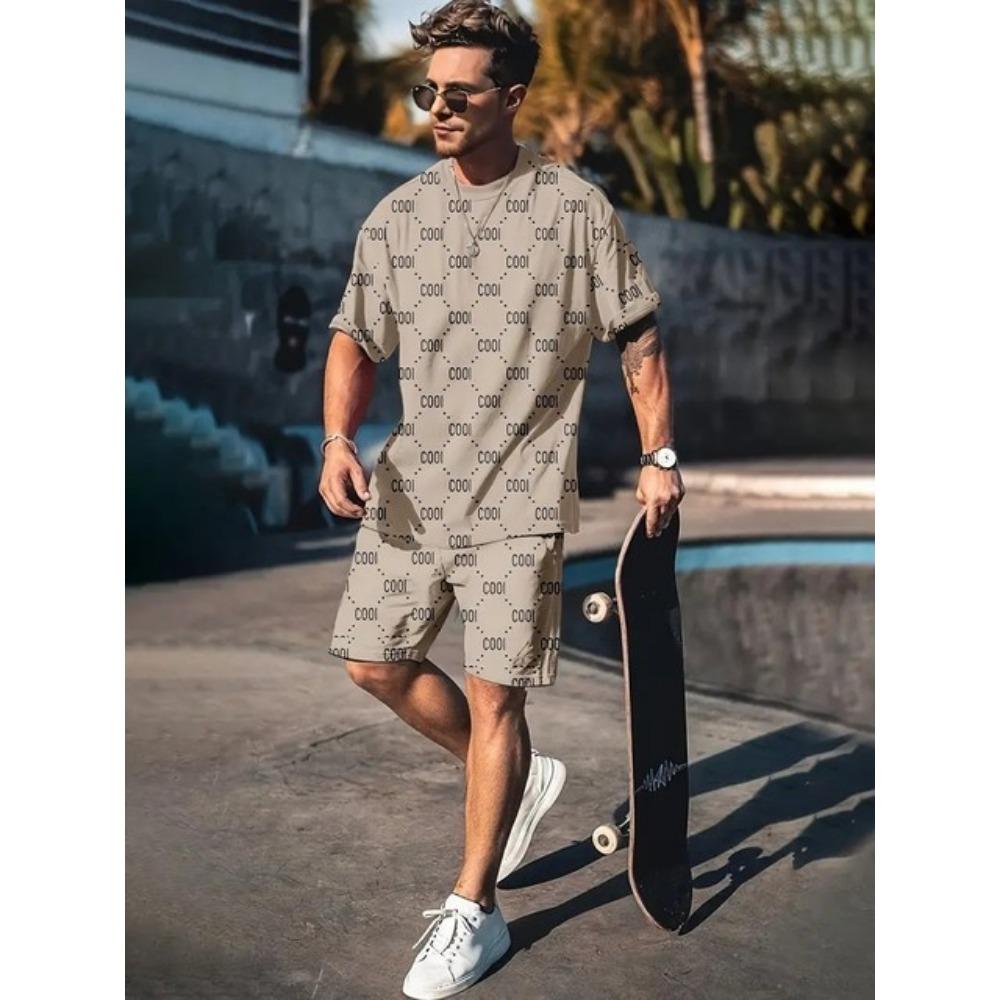 Summer Men's Suit Los Angeles Letters Simple 3D Print Sport T-shirt  Suit Short Sleeve Color Matching Shorts Men's Summer Clothing