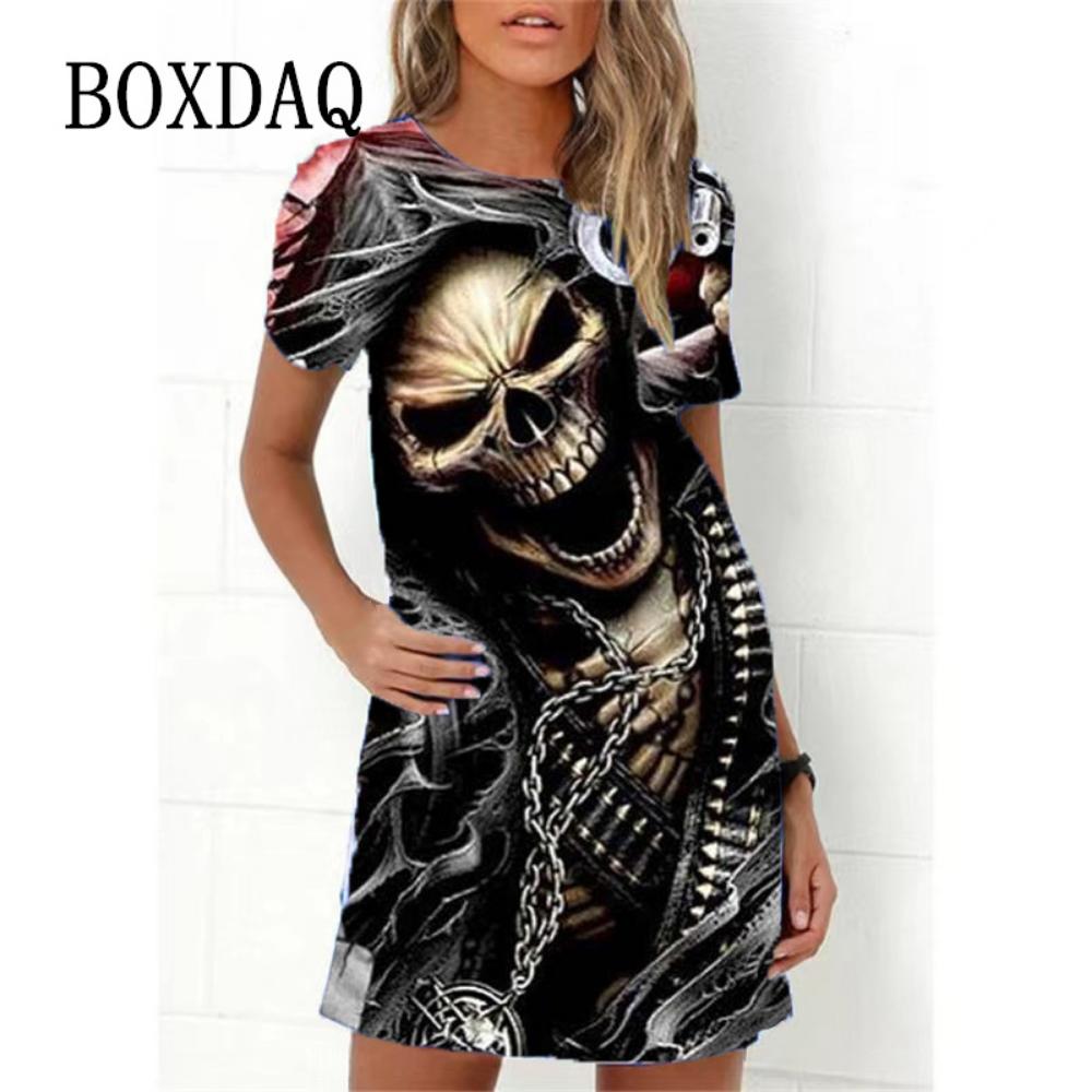 Mode Totenkopf 3D-Druck Damenkleid Lustiges Horror-Muster Lässiges A-Linien-Kleid Sommer 2026 Neu Kurzarm O-Ausschnitt Damen Sommerkleid