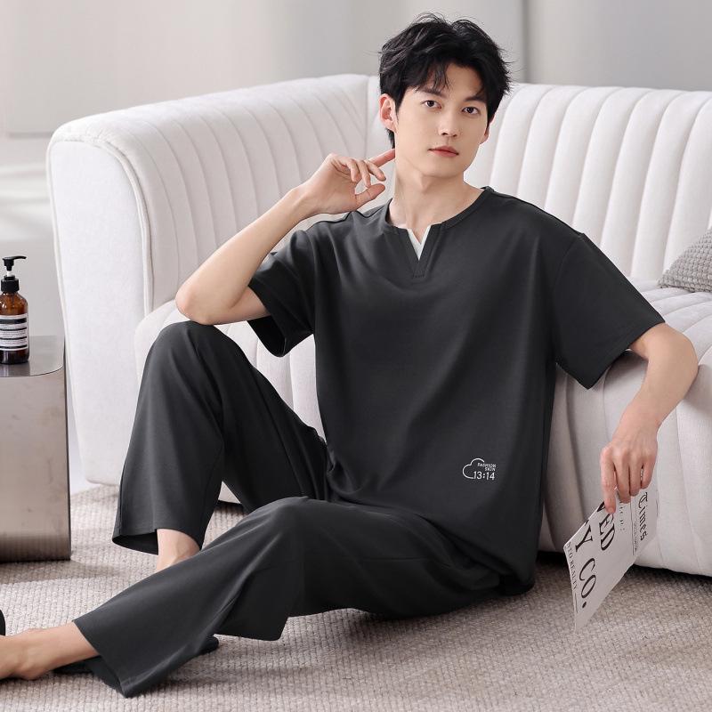 

Men s 100% Cotton Pajama Set - Short Sleeve, Long Pants, Loose Fit, Plus Size, Summer Outdoor & Home Wear XXXXL (Recommended 195-215 jin)