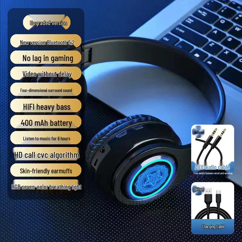 Glowing Noise-Cancelling Wireless Over-Ear Bluetooth Headphones for Sports