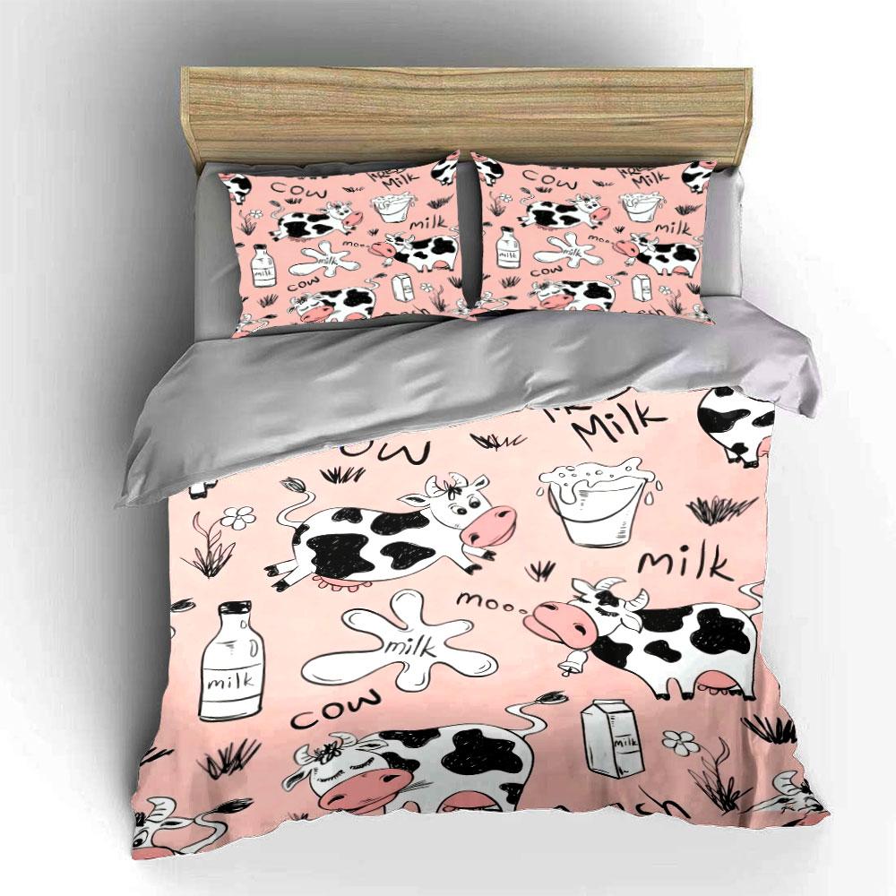Cute Cow Milk Cartoon Pattern Bedding Duvet Cover Set (1*Duvet Cover 2*Pillowcases, without duvet insert)