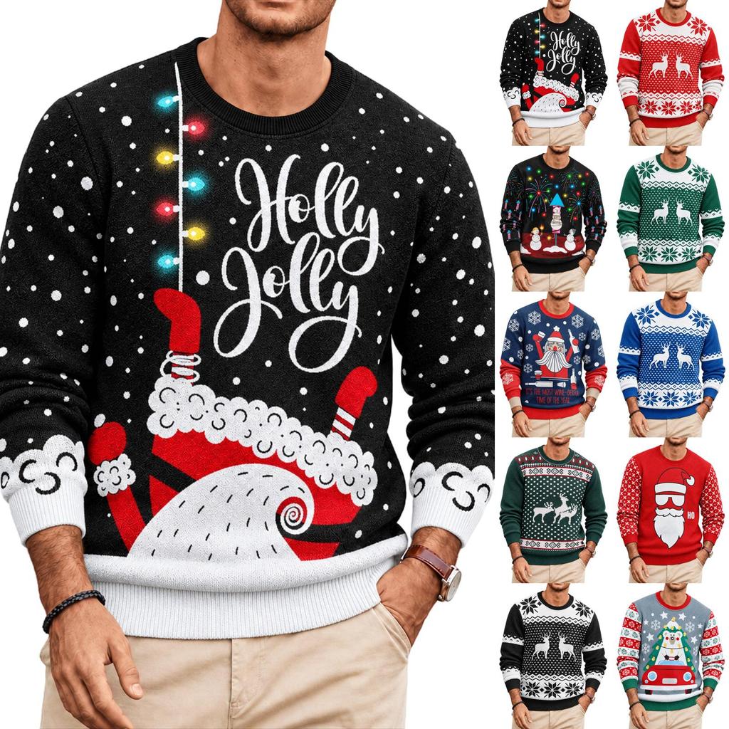 Christmas Floral Print Men's Crewneck Sweater, Casual Holiday Pullover