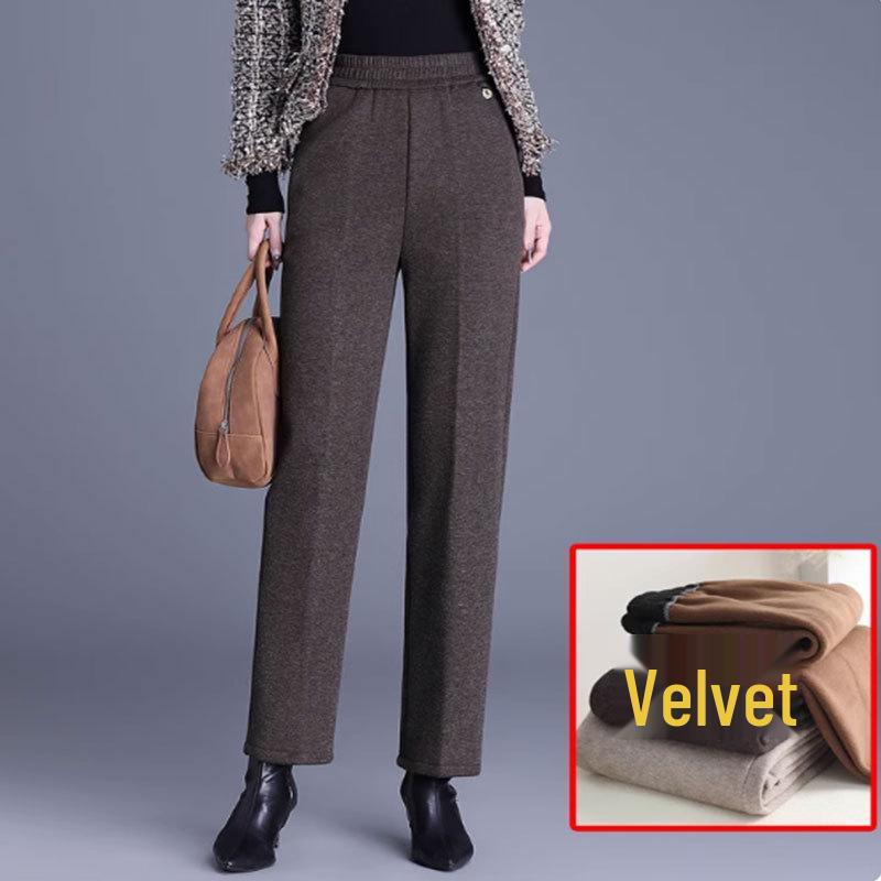 Women's Fleece-Lined Elastic Waist High-Waist Loose Straight-Leg Pants for Spring and Autumn