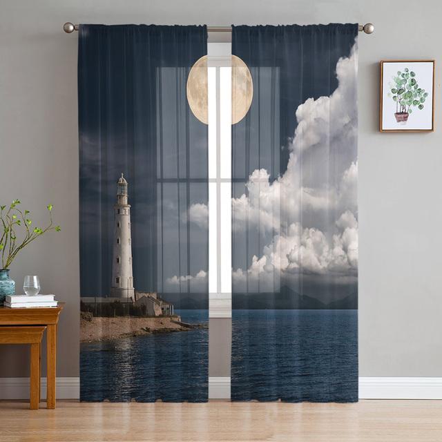 Sea Beach Lighthouse Starfish Seagull Sheer Window Curtains For Living Room Bedroom Modern Tulle Curtains Fabric Drapes