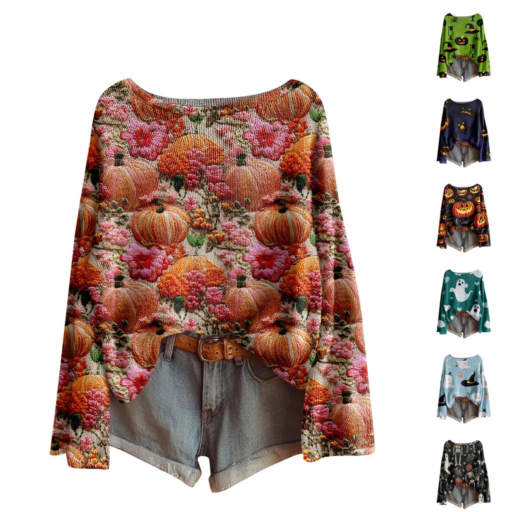 Women's Halloween Sweater, Bohemian Vintage Pattern Print Long Sleeve Knit Pullover